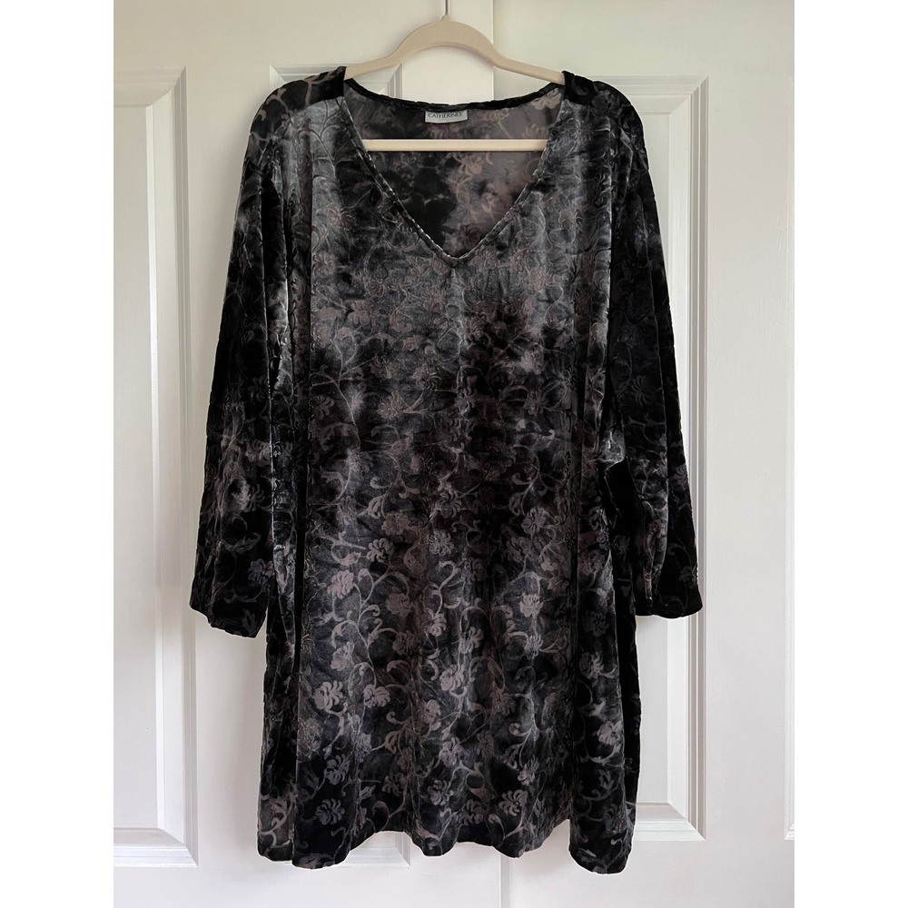 Catherines Black Gray Velvet Burnout Flowy Tunic V-Neck Whimsigoth Top Size 5X